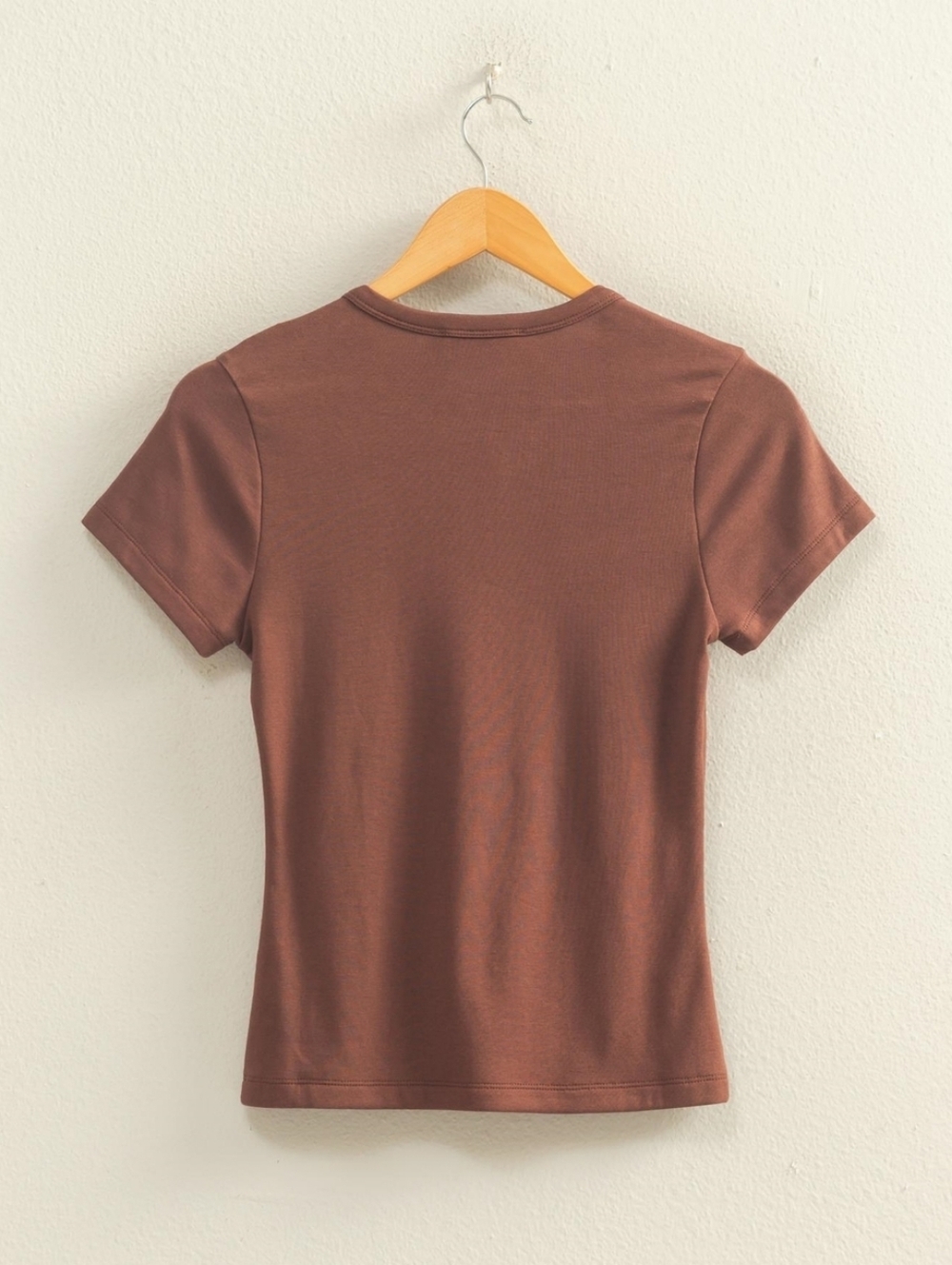 Brown Mineral Washed Classic Crewneck Fitted Cotton Blend Tshirt  Baby Tee - Picture 2 of 5